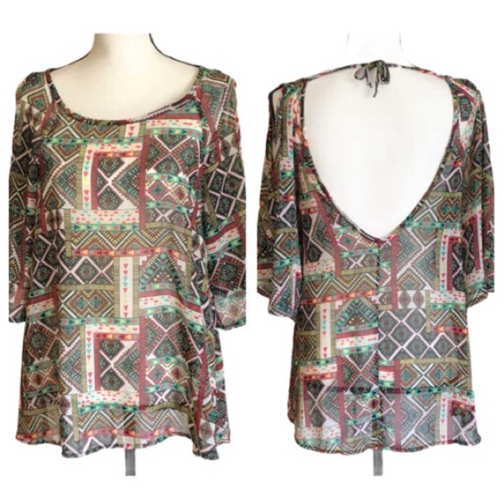 Sheer aztec red black print cold shoulder top